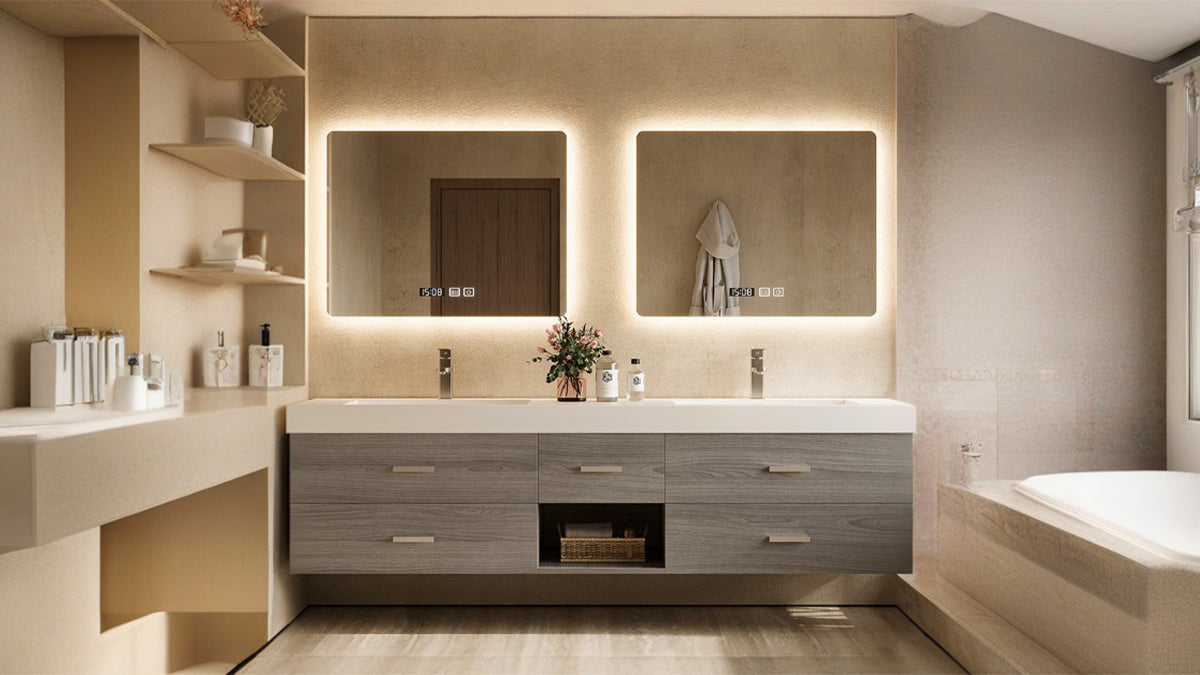 Bathroom vanity with warm lighting