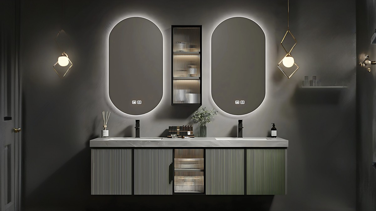 Morden house with double sink bathroom vanity