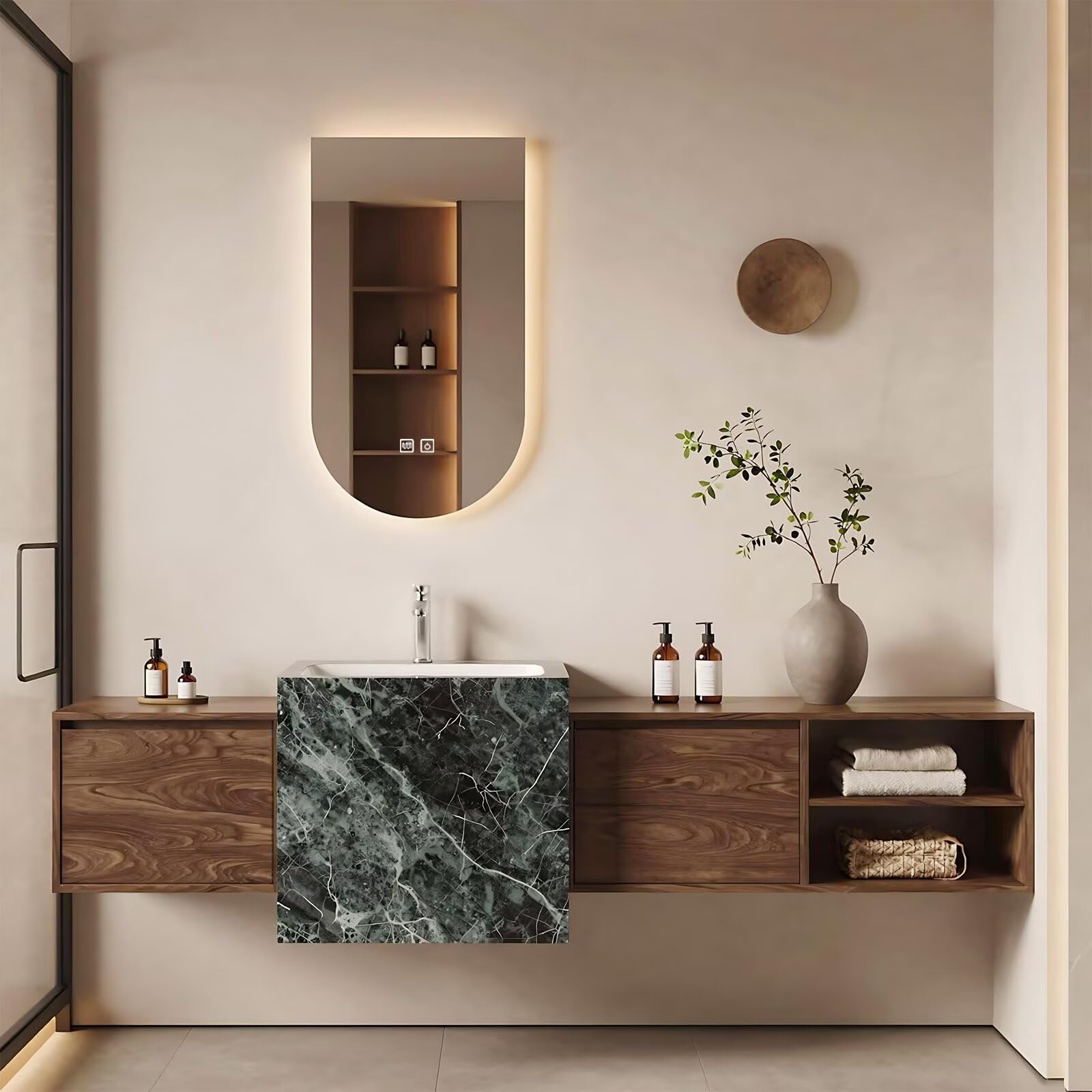 60”-84” Floating Bathroom Vanity with LED Arch Mirror, Wall Mounted Wa
