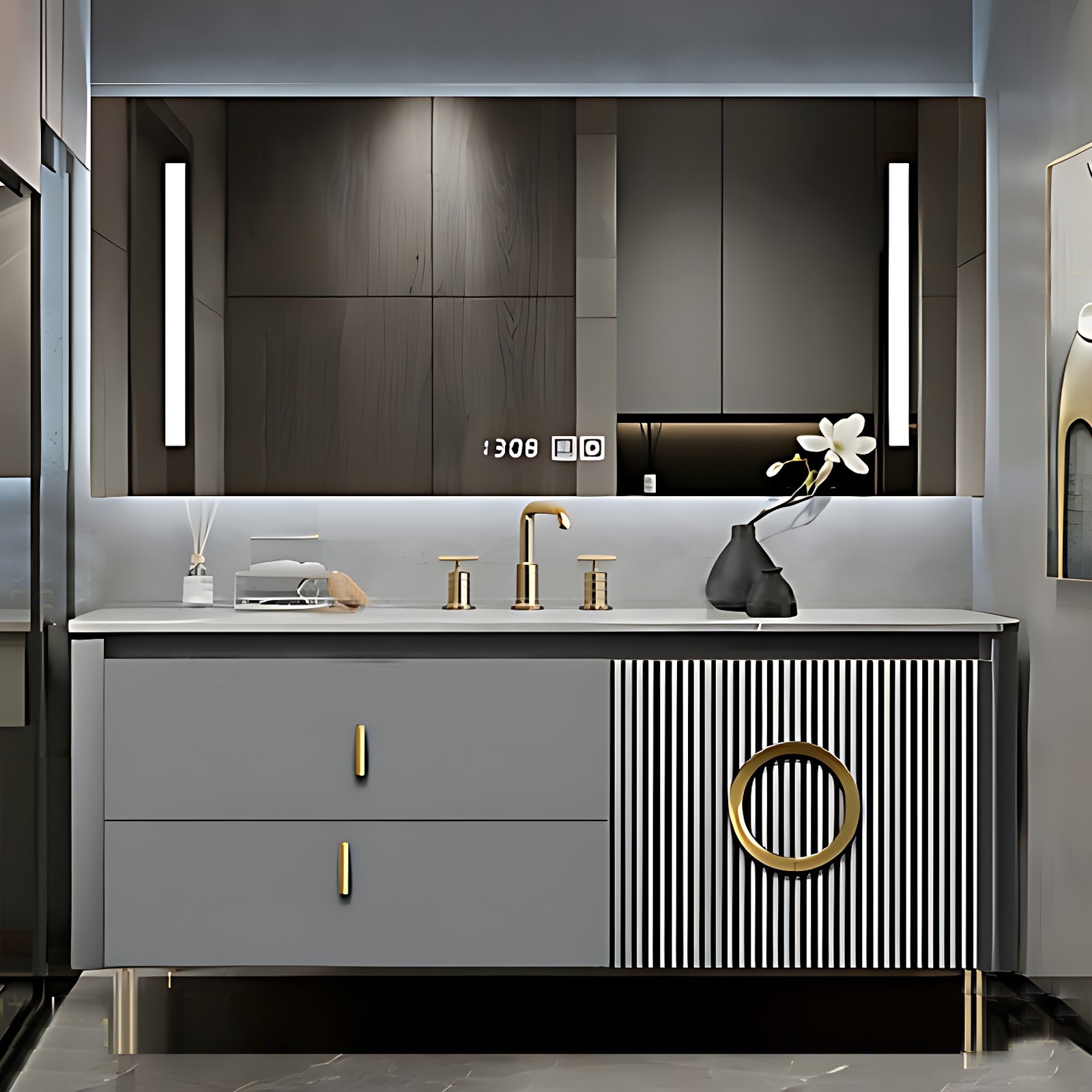 Modern Gray Freestanding Bath Vanity Set with LED Mirror and S