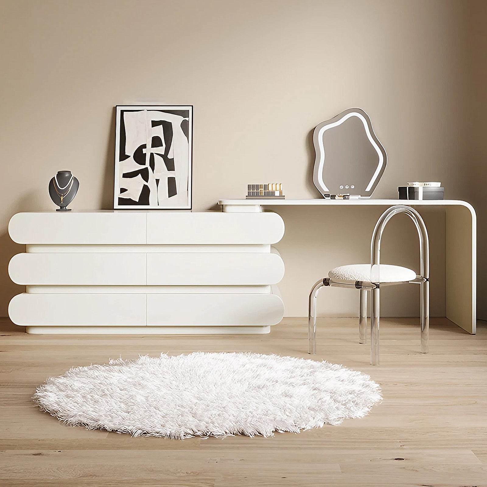 white dresser vanity UGTOO 51.2" Modern With 6 Drawers & 3 Cabinets, Mdf Makeup Table For Bedroom, Space-Saving Storage Organizer, Easy Assembly you can effortlessly store any of your beauty supplies and daily necessities White Makeup Vanity Desk with