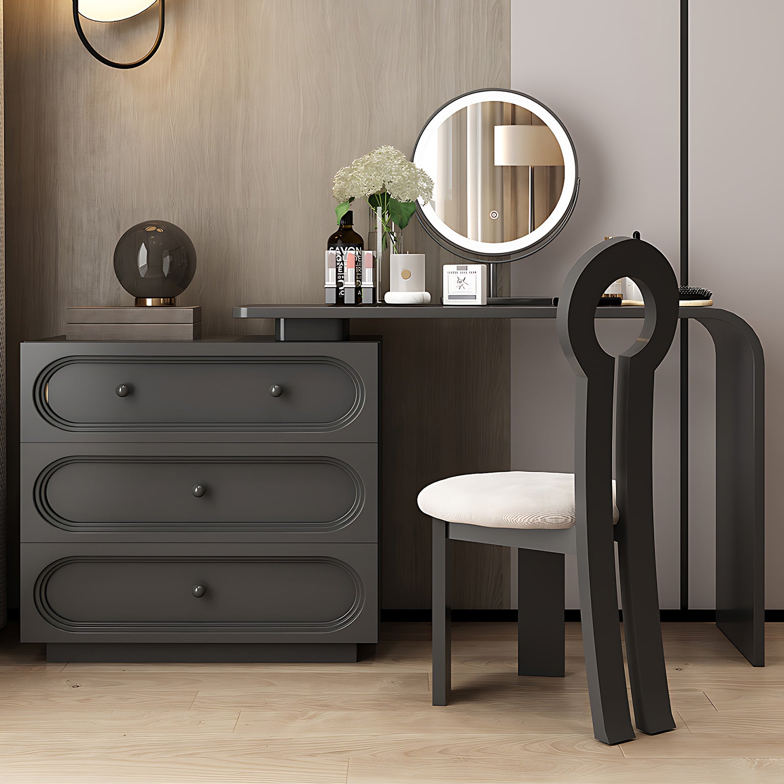 Premium Black Solid Wood Makeup Vanity with LED Mirror & Stylish Chair 47IN / 6 Drawers Premium Black Solid Wood Makeup Vanity with LED Mirror & Stylish Chair 47IN / 6 Drawers