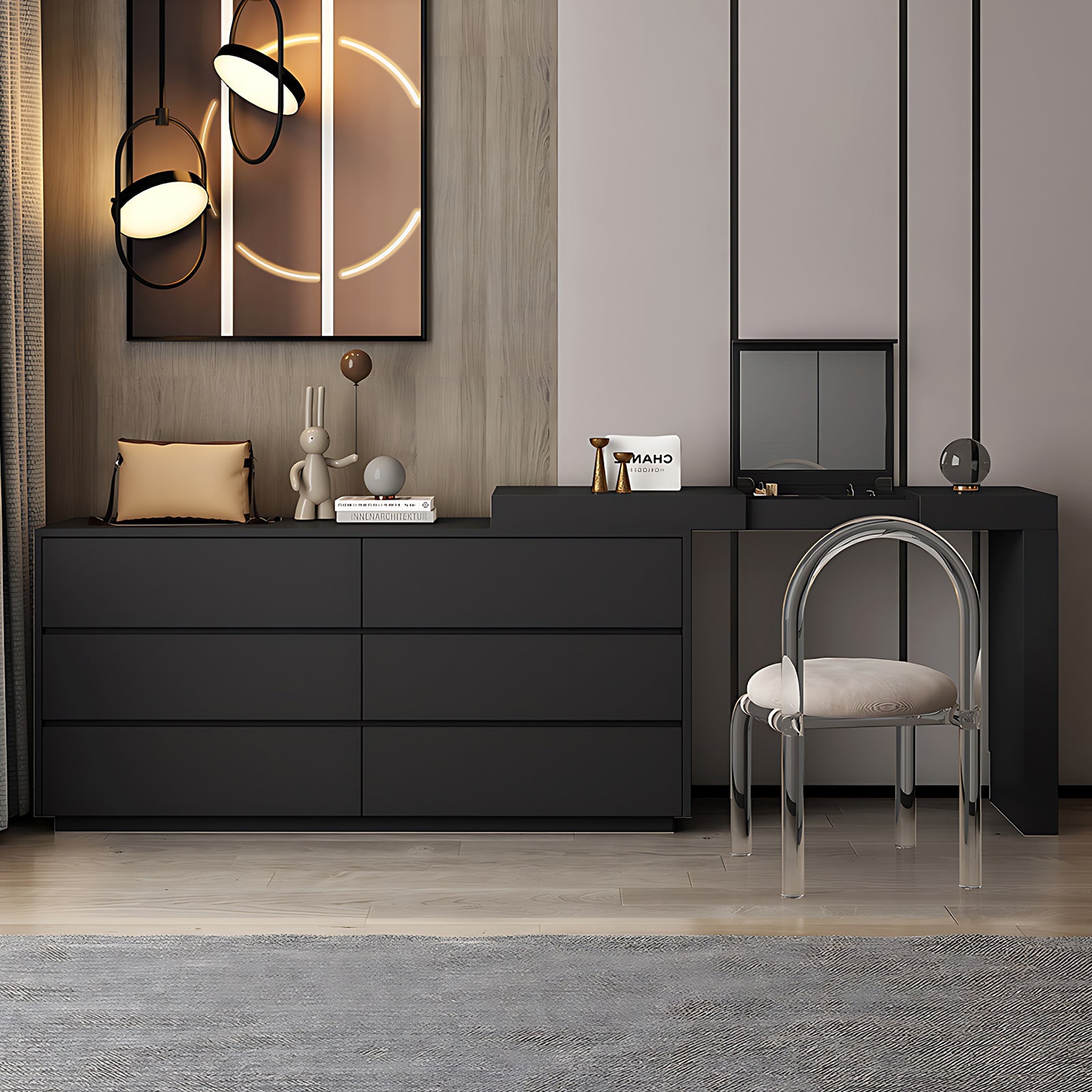 Modern Black 6-Drawer Dresser with Embedded Mirror High QLO Modern Black 6-Drawer Dresser with Embedded Mirror High QLO