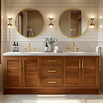 68” - 96” Wood Grain Bathroom Vanity with Exquisite Handle and Round Mirror
