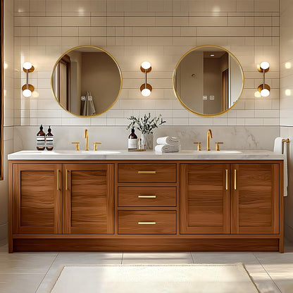 68” - 96” Wood Grain Bathroom Vanity with Exquisite Handle and Round Mirror