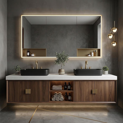 52‘’-110‘’ Floating Bathroom Vanity with Double Sinks Includes Walnut Wood Frame