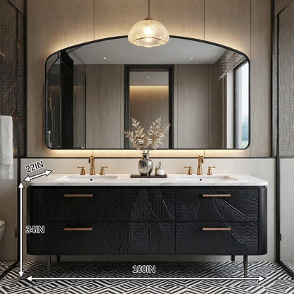 60”-112” Black Leaf-Carved Bathroom Vanity with Double Sinks & Marble Top