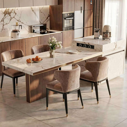 86"-102"Luxury Marble & Wood Kitchen Island Dining Combo with Built-in Outlets & Gold Trim