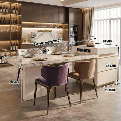 86"-102"Elegant Marble Kitchen Island Dining Set with Gold Accents & Modern Storage