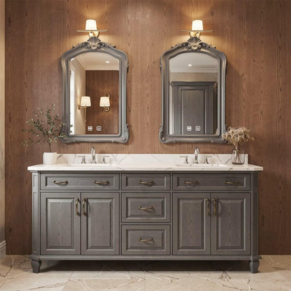 60”-112” Antique Gray Wood Double Vanity with Ornate Mirrors & Gold Hardware