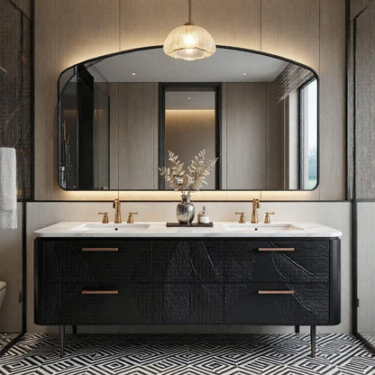 60”-112” Black Leaf-Carved Bathroom Vanity with Double Sinks & Marble Top
