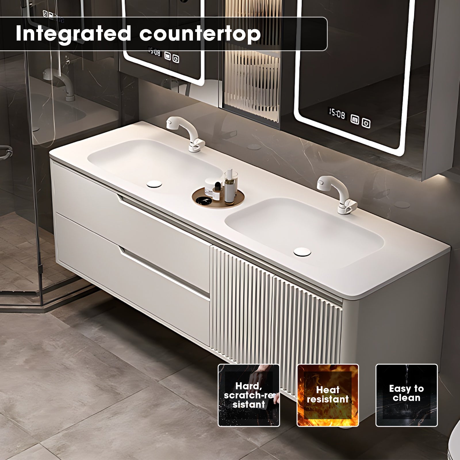 52"- 78" Double Sink Bathroom Cabinets Set with LED Defogging Mirror