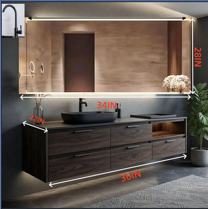 36"-64"Floating Dark Wood Bathroom Vanity with Black Vessel Sink & LED Mirror