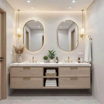 60”-84”Double Sink Floating Bathroom Vanity with Gold Oval Mirrors, Light Wood Cabinet & Marble Top