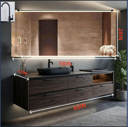 36"-64"Floating Dark Wood Bathroom Vanity with Black Vessel Sink & LED Mirror