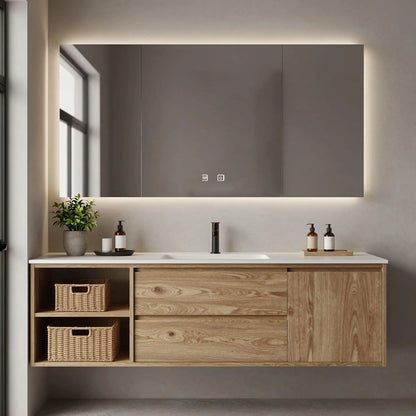 40” - 64” Single Sink Bathroom Vanity with 2 Storage Drawers & Open Shelf
