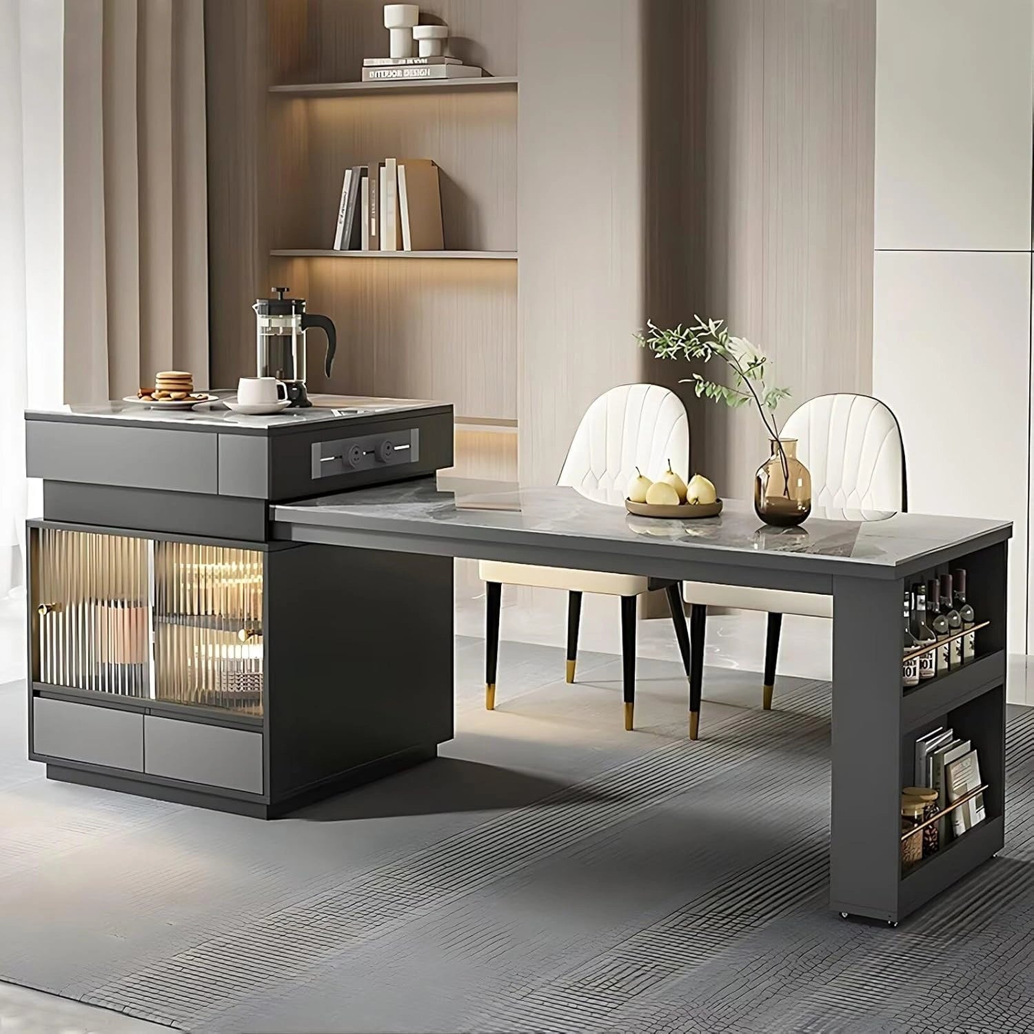 51” - 67” Grey Luxury Kitchen Island Includes Striped Glass Cabinet (No Chair)