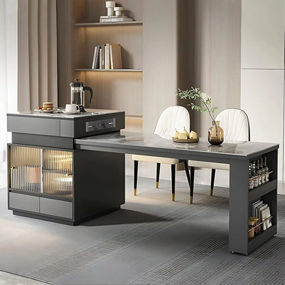 51” - 67” Grey Luxury Kitchen Island Includes Striped Glass Cabinet (No Chair)