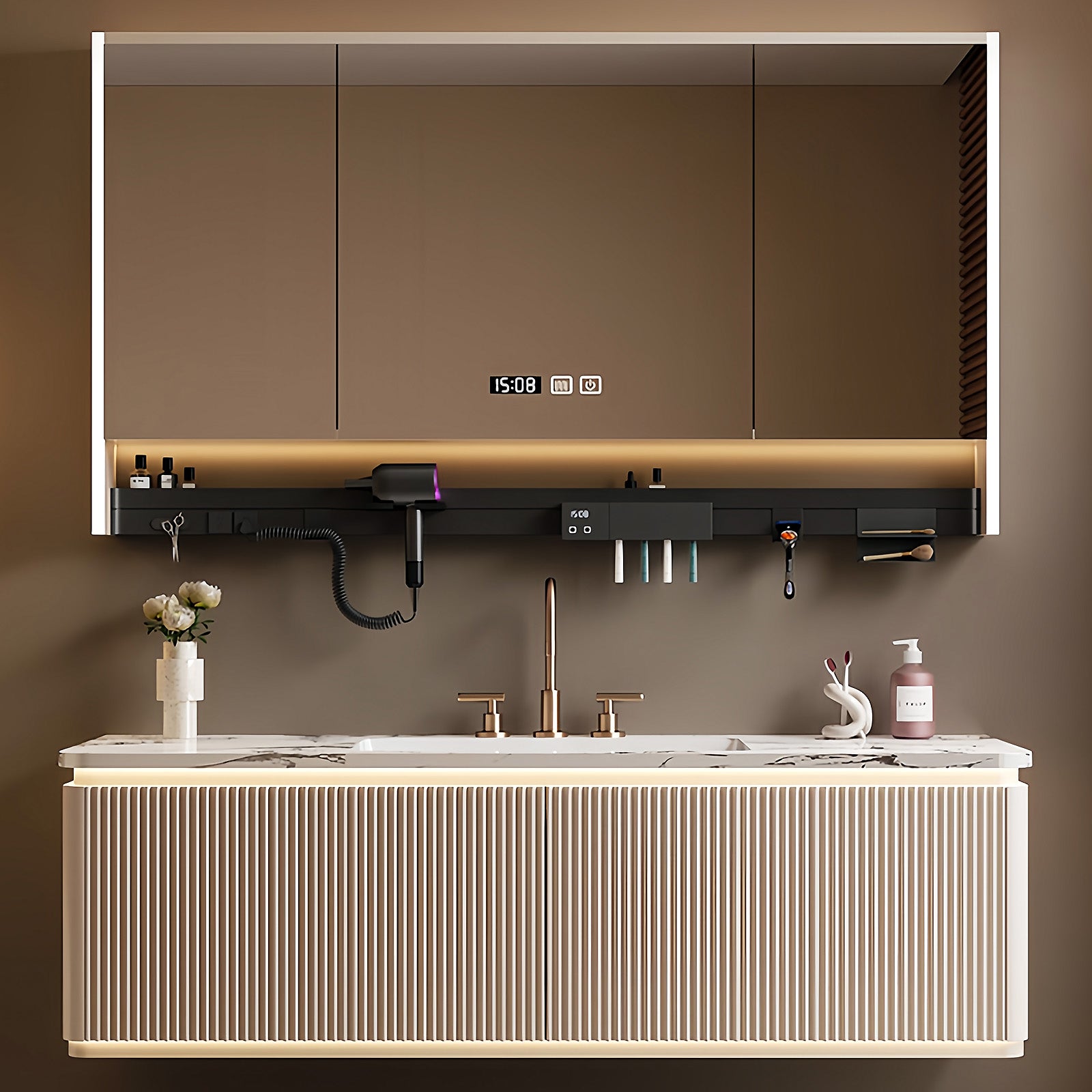 36"- 64" Wall Mounted Single Bathroom Vanity Set with Smart Led Mirror Cabinet and Ceramic Basin