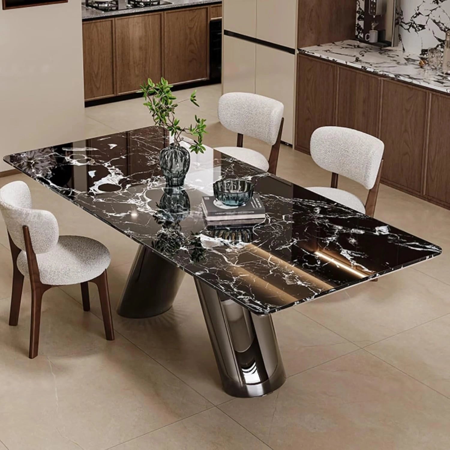 55” - 79” Modern Black Dining Table with V-Shaped Stainless Steel Base (No Chair)