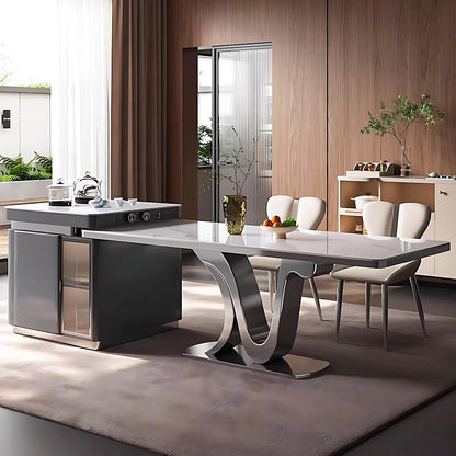 85” - 100” Luxury Kitchen Island Includes Unique Base Design & Striped Glass Cabinet (No Chair)