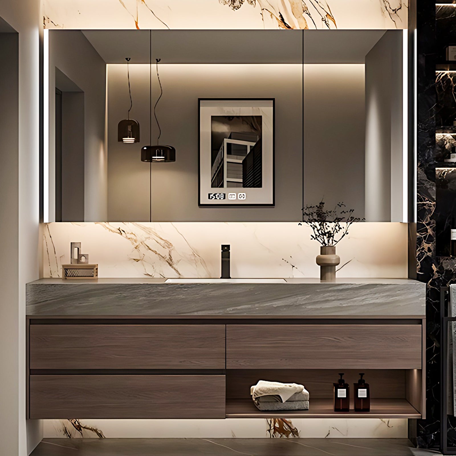Solid Wood Bathroom Vanity Set with Single Sink and Open Storage Space