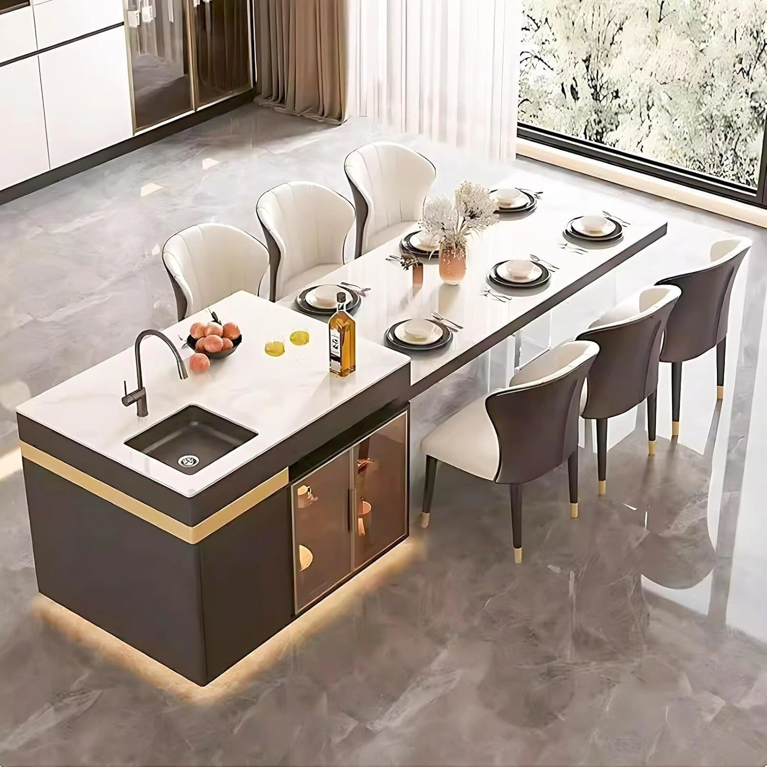 71” - 79” Modern Luxury Kitchen Island with Retractable Dining Table (No Chair)