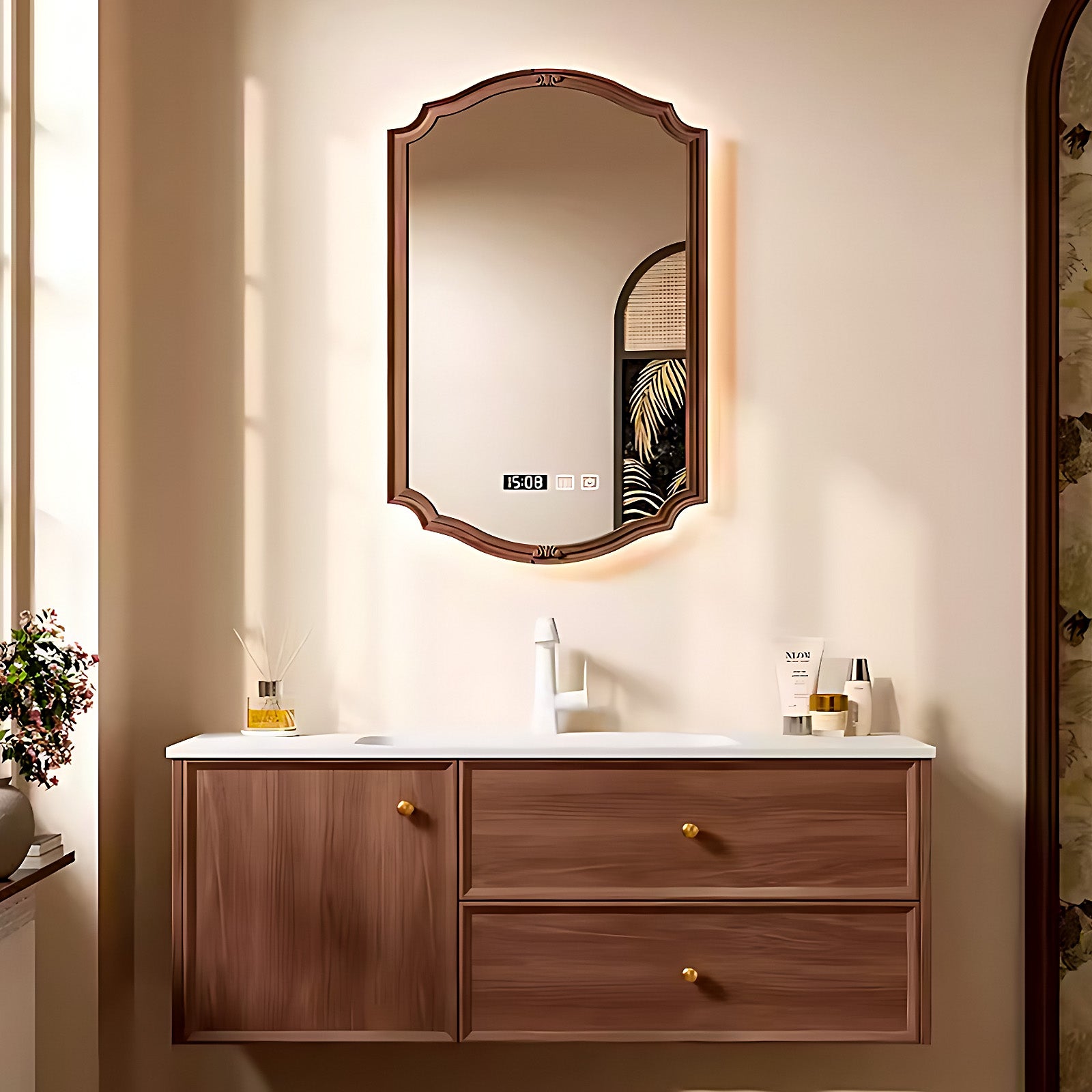 40"-64" Bath vanity solid wood waterproof with cabinet drawer smart mirror and intergrated basin