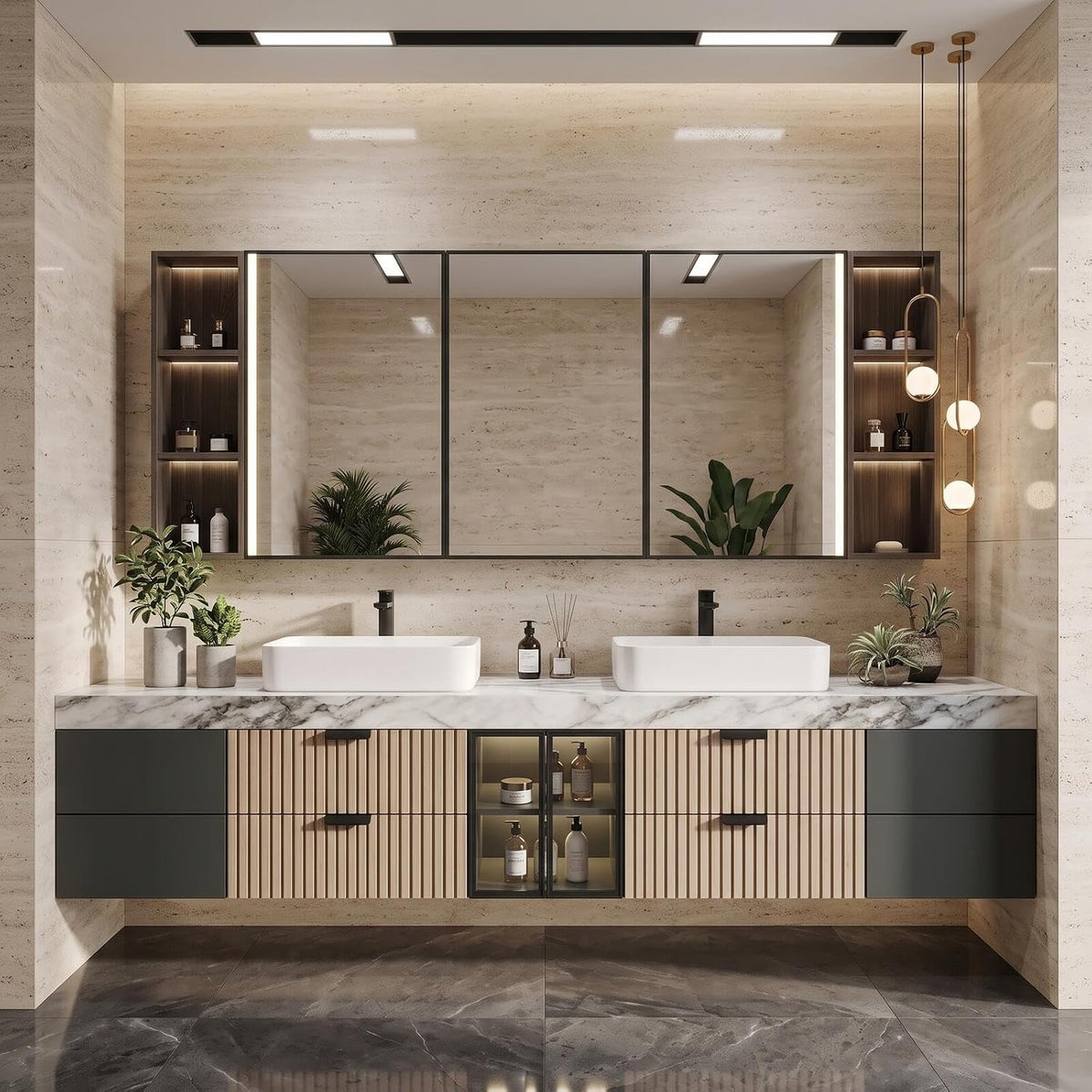 52''-110'' Floating Bathroom Vanity with Double Sink Includes Open Glass Shelves