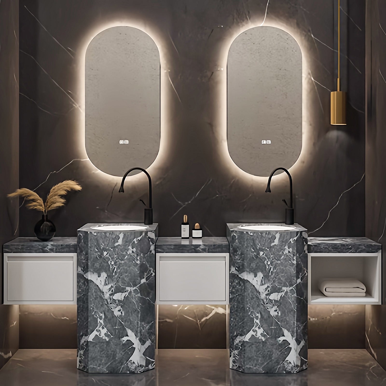 72"- 100" Bathroom Vanity With Oval Smart Mirror  and Double Sink