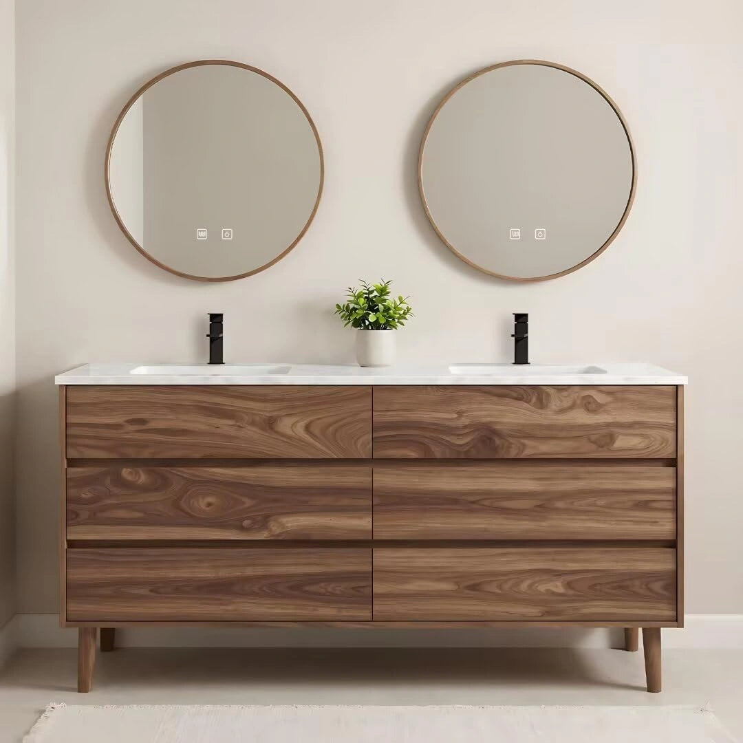 60” - 84” Free Standing Bathroom Vanity with Round Smart Defogging Mirror
