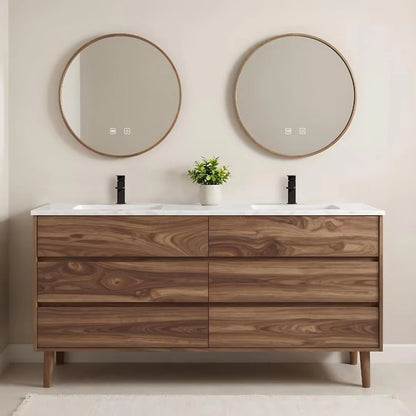 60” - 84” Free Standing Bathroom Vanity with Round Smart Defogging Mirror