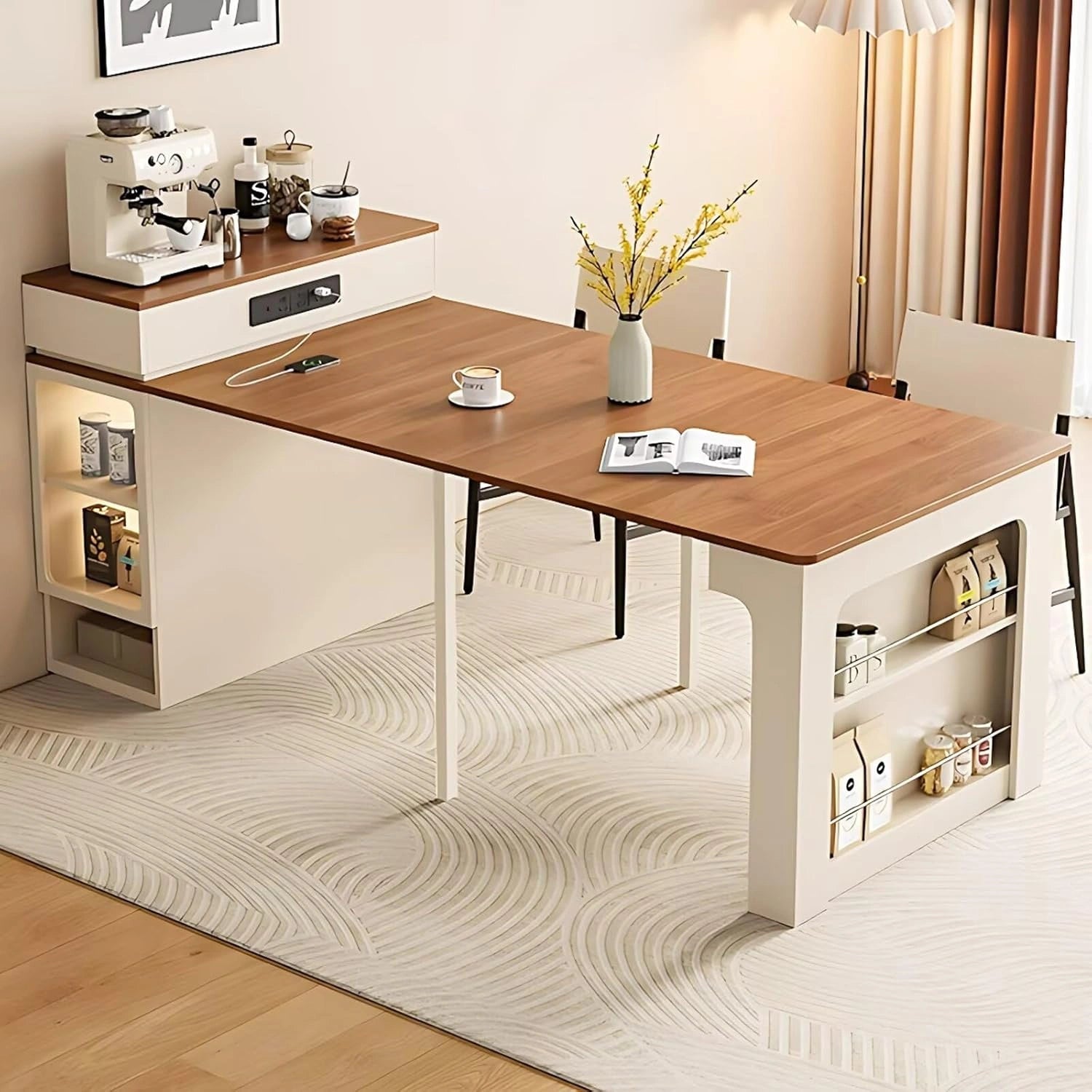 Simple Beige Kitchen Island Includes Embedded Socket for 2-6 Person (No Chair)