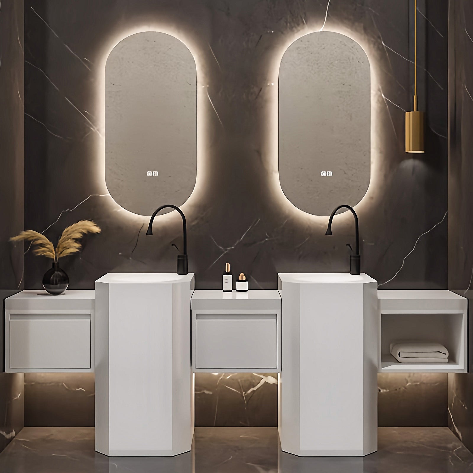 72"- 100" Bathroom Vanity With Oval Smart Mirror  and Double Sink