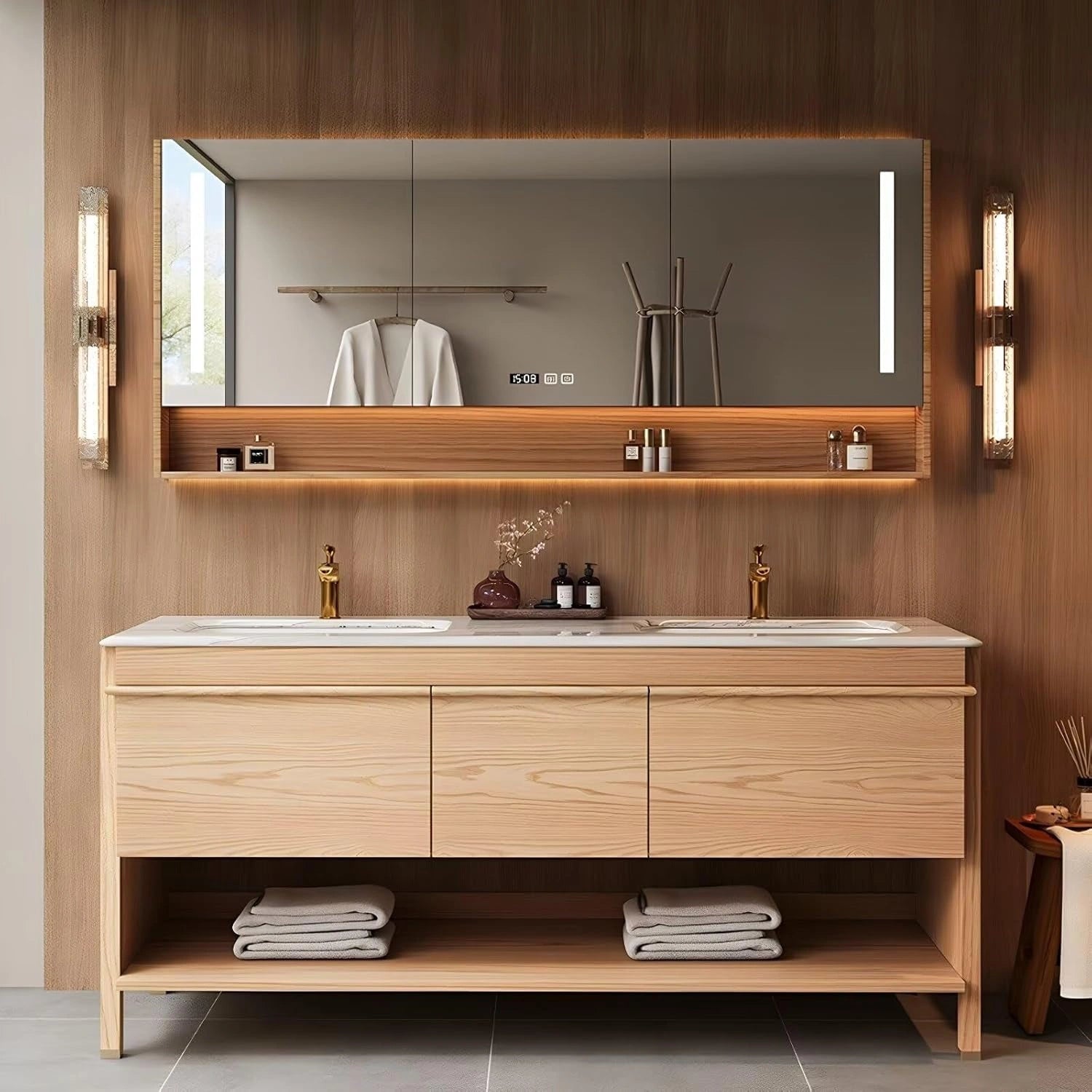 60” - 76” Brown Wood Bathroom Vanity with Hidden Handles Design & Ceramic Basin