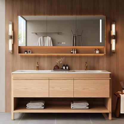 60” - 76” Brown Wood Bathroom Vanity with Hidden Handles Design & Ceramic Basin
