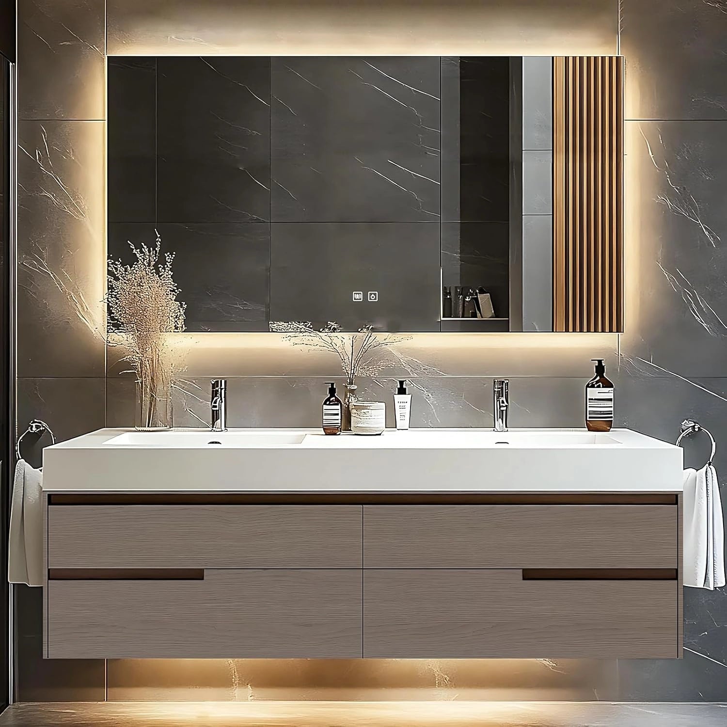 60” - 78” Modern Simple Bathroom Vanity Includes Square Mirror & Hidden Handle