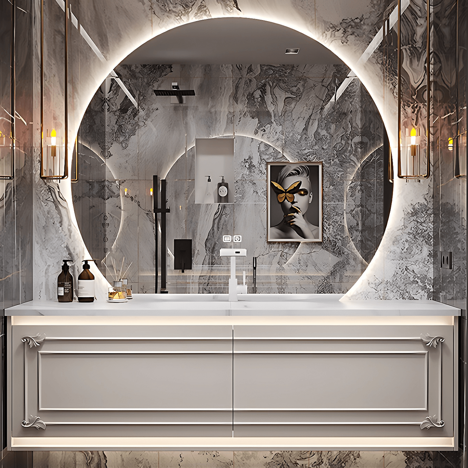 32"- 72" White Wall Mounted Bathroom Vanity with Single Sink and Round Smart LED Mirror