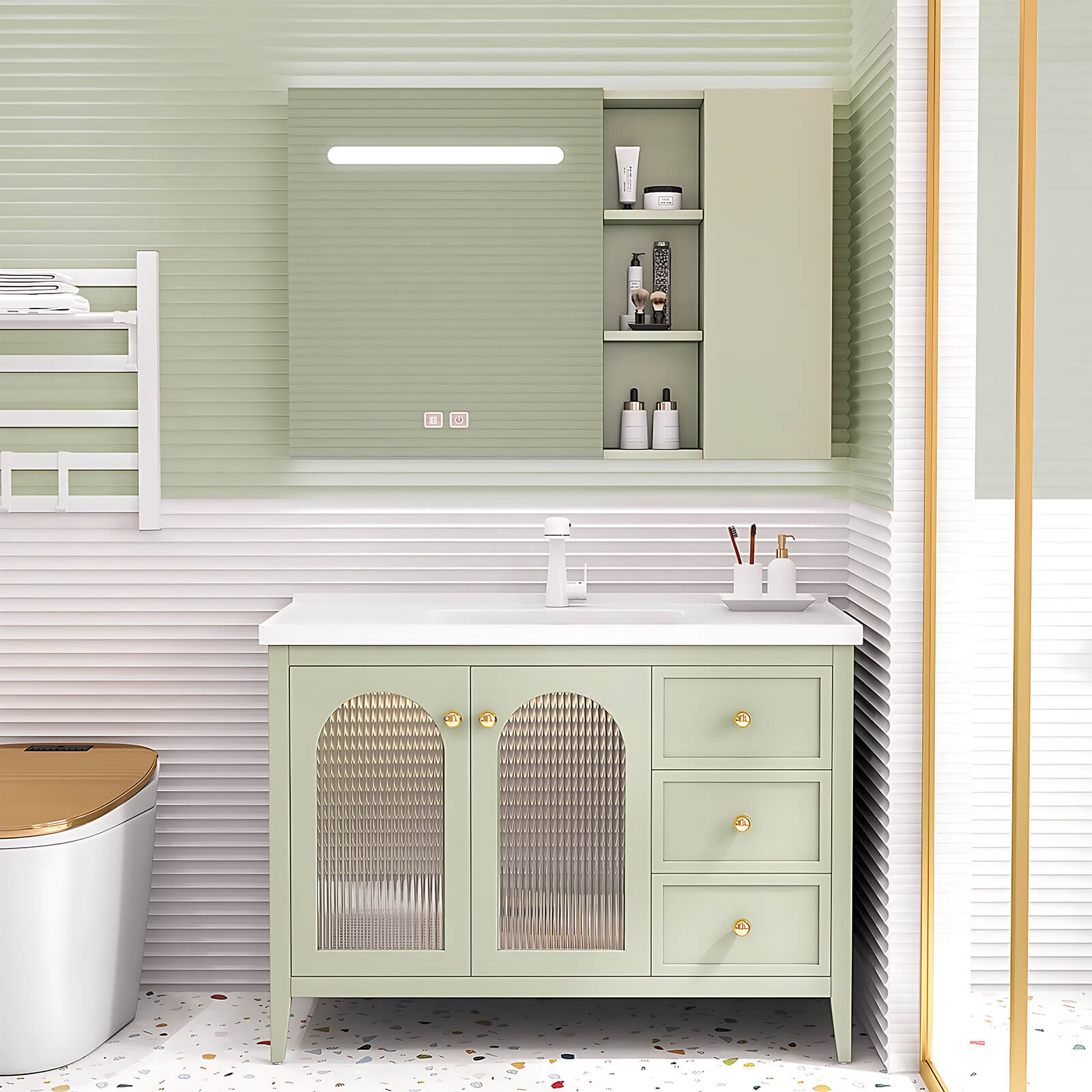 36"- 48" Green Bathroom Vanity with Smart Lighted Cabinet