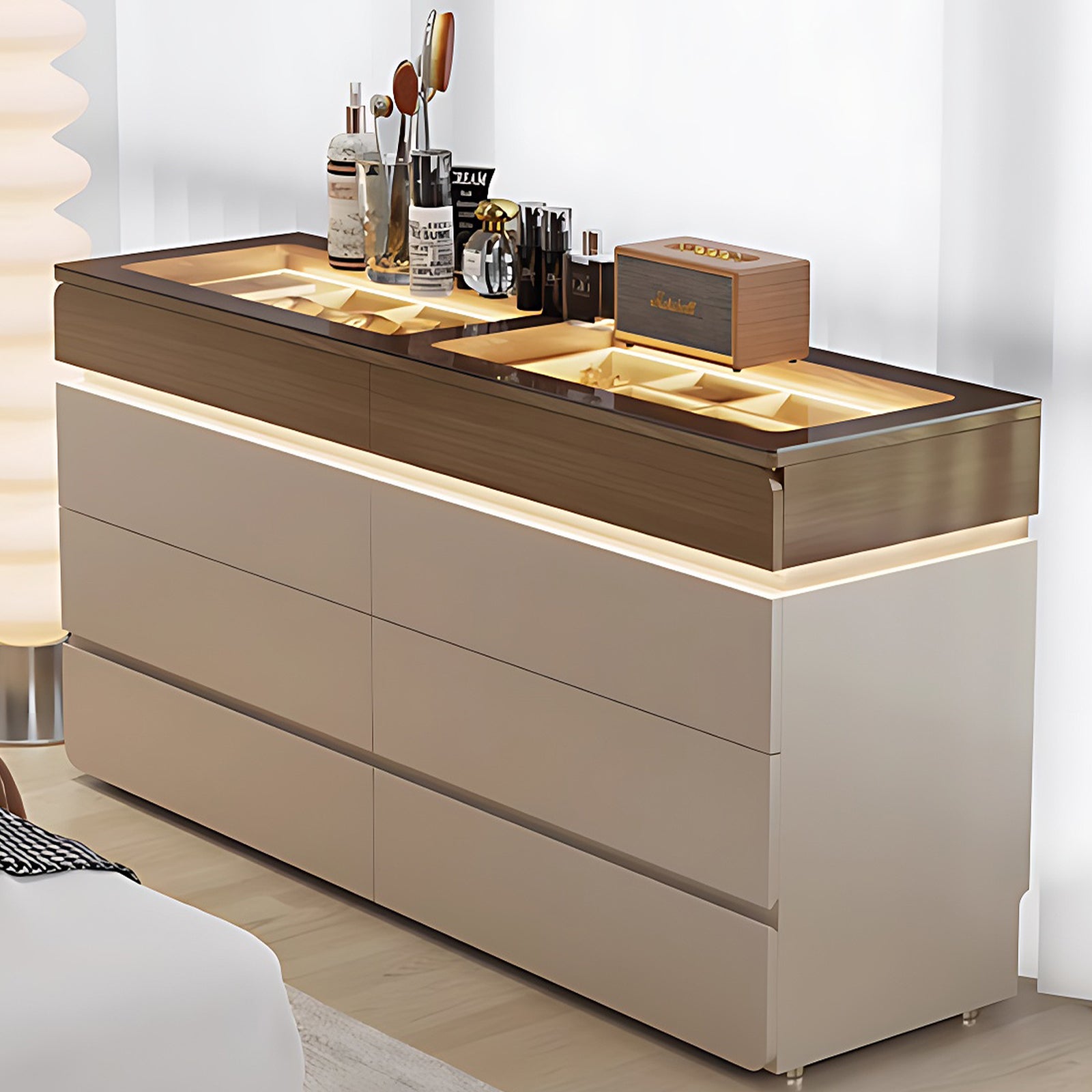 Modern Wardrobe Island Cabinet with Visible Tempered Glass Top - High-End, Large Capacity, Sectional Storage with LED Light and Jewelry Display