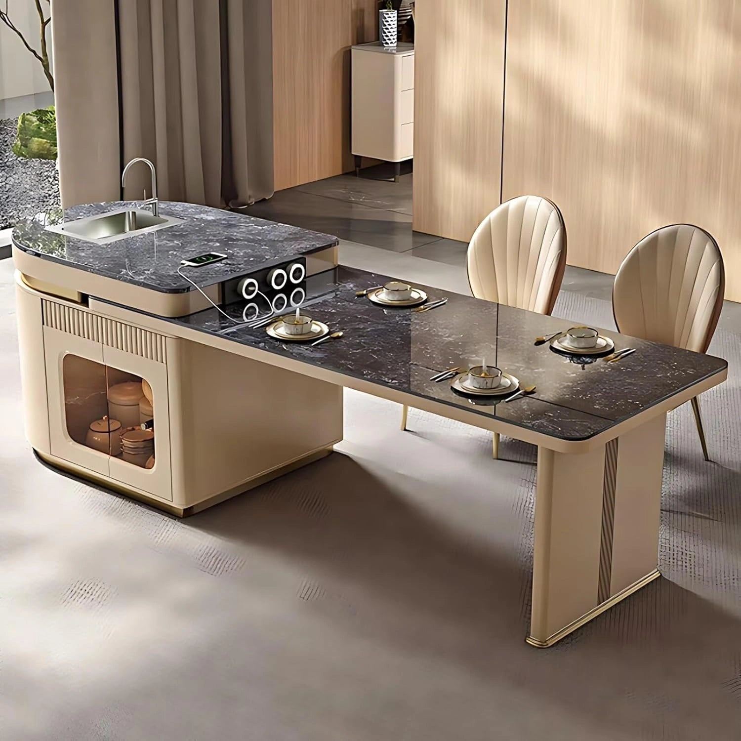 83” - 98” Practical Elegant Kitchen Island Includes Irregular Shape Island & Integrated Slate Sink (No Chair)