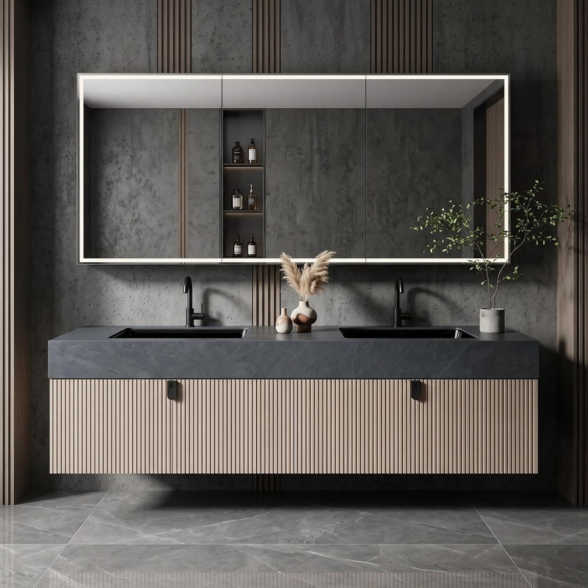 52''-110'' Modern Bathroom Vanity with Double Sink Includes Open Shelf Storage