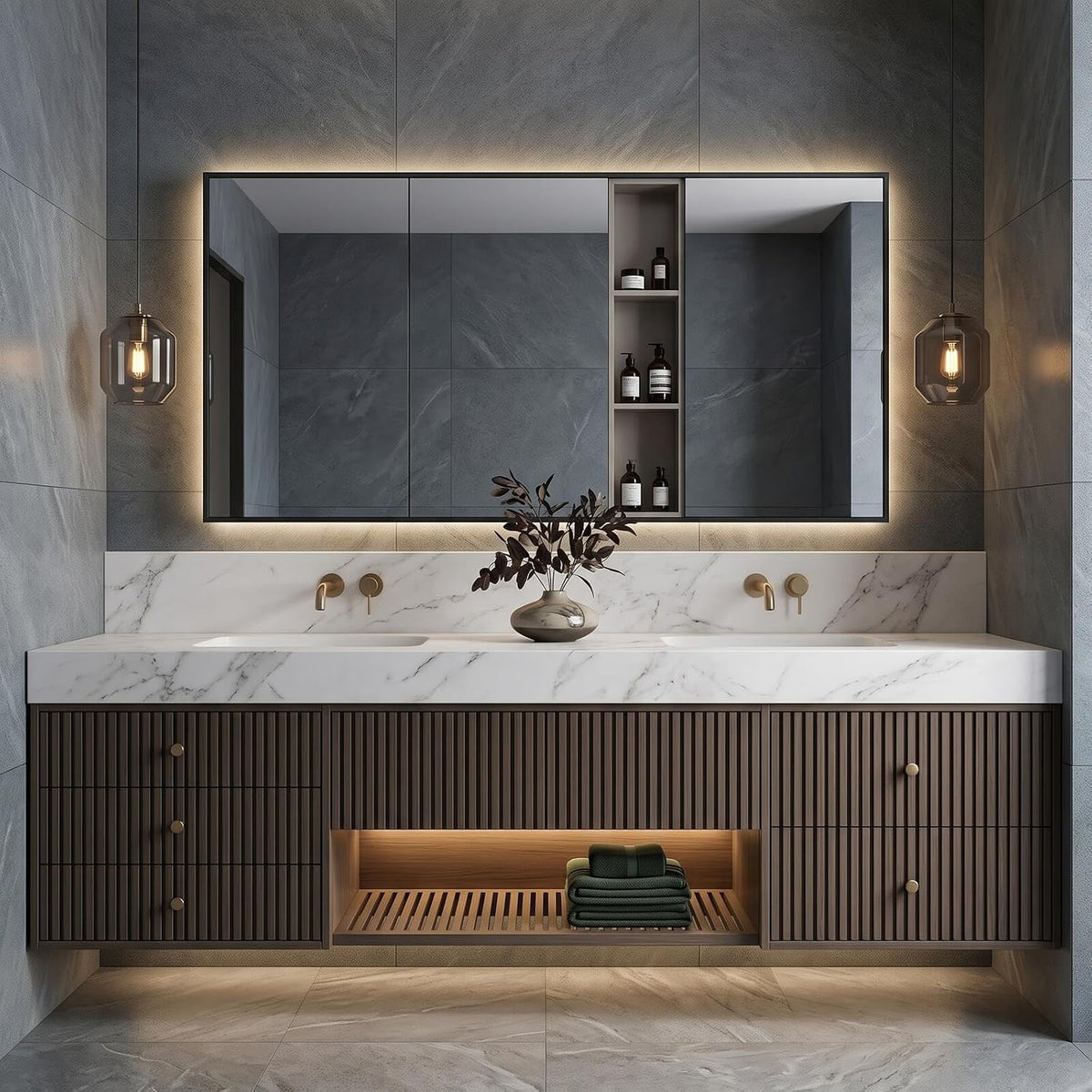 52''-110'' Bathroom Vanity with Double Sink Includes Drawers & Open Shelf