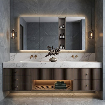 52''-110'' Bathroom Vanity with Double Sink Includes Drawers & Open Shelf