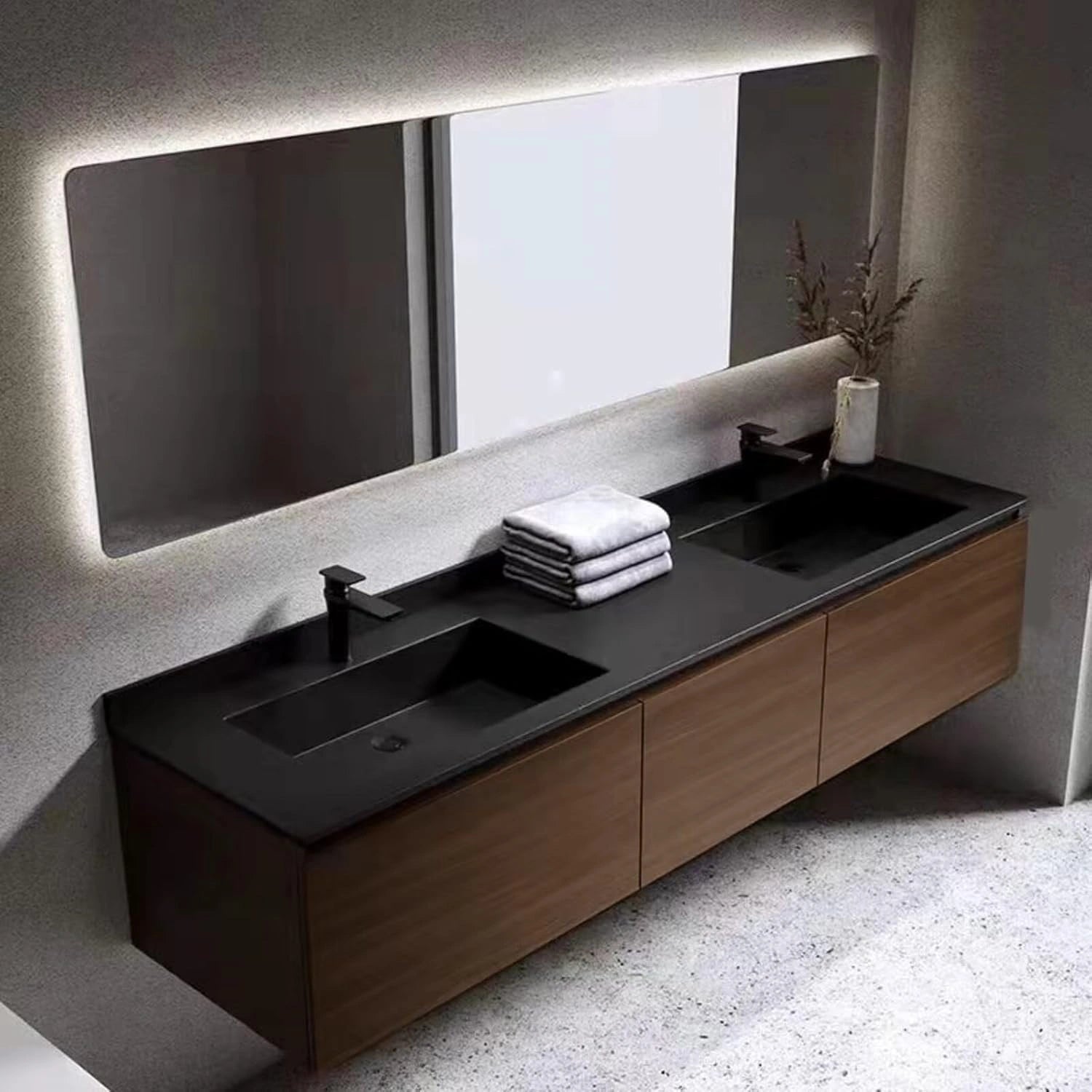 60” - 78” Minimalist Luxury Bathroom Vanity with Rock Slab Ceramic Basin