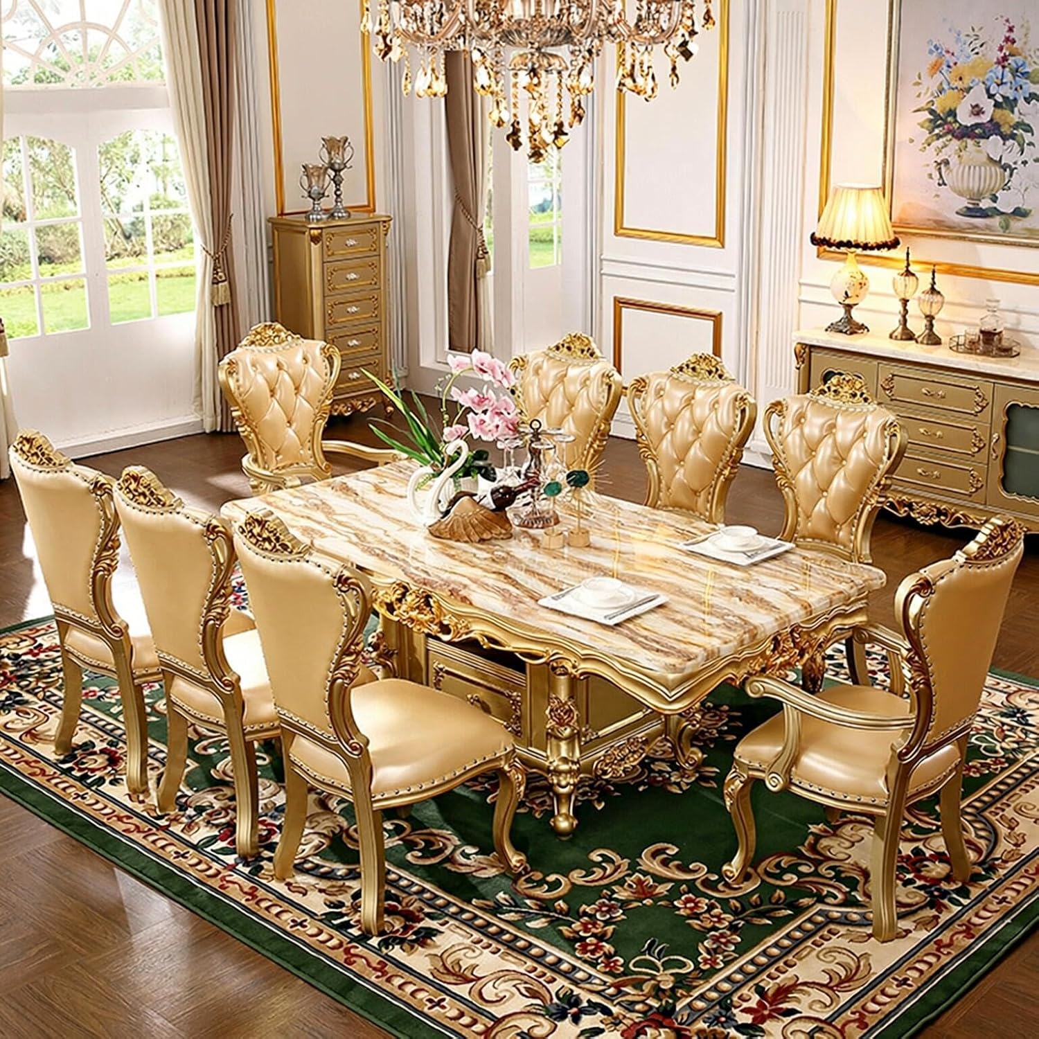 56‘’-96‘’ Modern Dining Table with Ornate Classic Base&Gold Carved Base