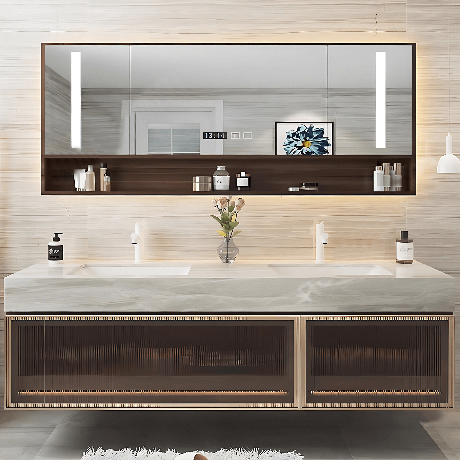 52"- 78" Modern Wall Mounted Cabinet Bathroom Vanity with Double Sink and Induction Lighting