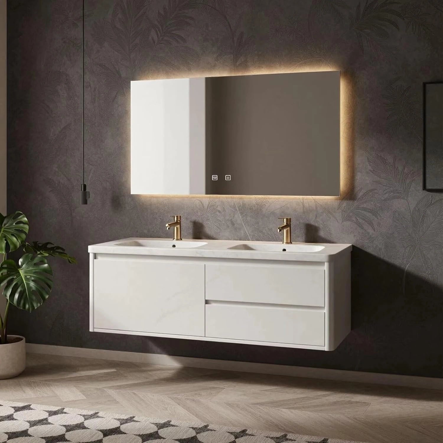 60” - 78” White Bathroom Vanity with LED Lighting & Defogging