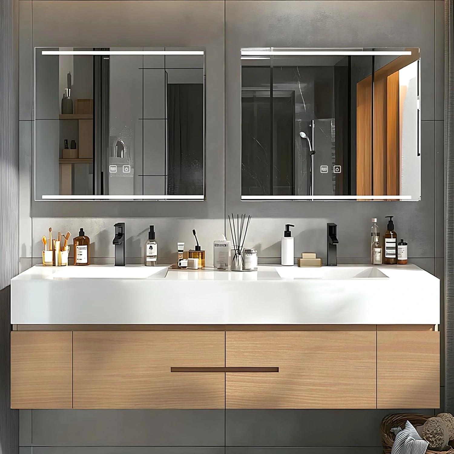 60” - 78” Simple Floating Bathroom Vanity with Mirror Cabinet & Open Shelf