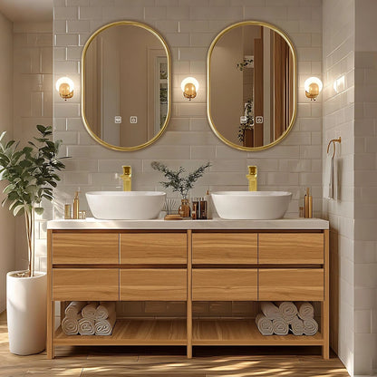 60” – 96” Natural Bathroom Vanity with Hidden Door Handle & Double Sinks